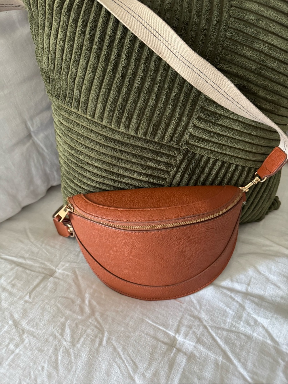 Universal Thread Tan Leather Crescent Crossbody Bag with Canvas Strap